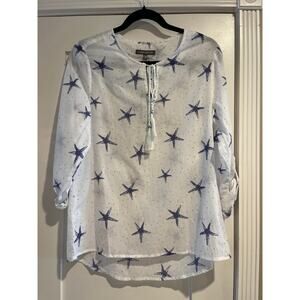 Laura Ashley Loose Top Navy Starfish Design White Blue Size US 6 NWT Tie Tassel